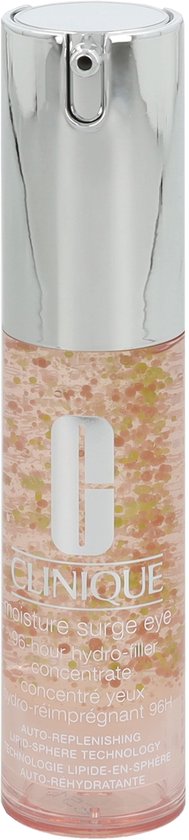 Clinique Moisture Surge oogcrème in roze fles met de tekst 'Clinique moisture surge eye 96-hour hydro-filler concentrate'.