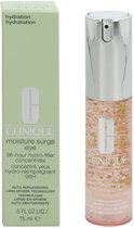 Clinique Moisture Surge oogcrème en verpakking, lichtgroen met roze en 'Clinique moisture surge eye 96-hour hydro-filler concentrate'.