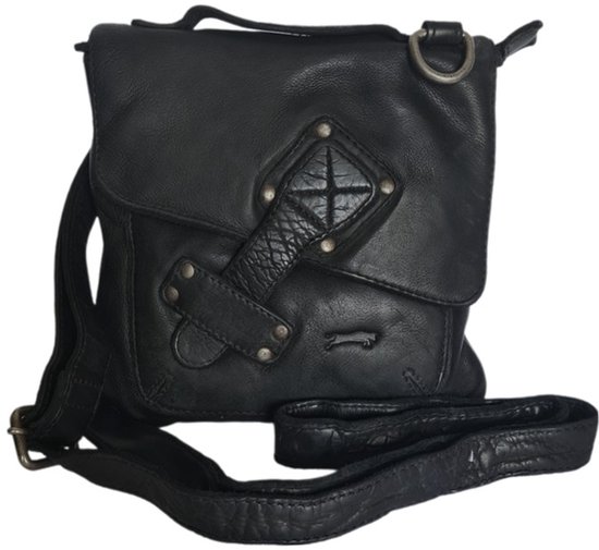 Ven Tomy-Schoudertas-crossbody-Hoogwaardig leer-Gewassen leer- Soepel leer-Vintage-Zwart-19cmx19cmx7cm