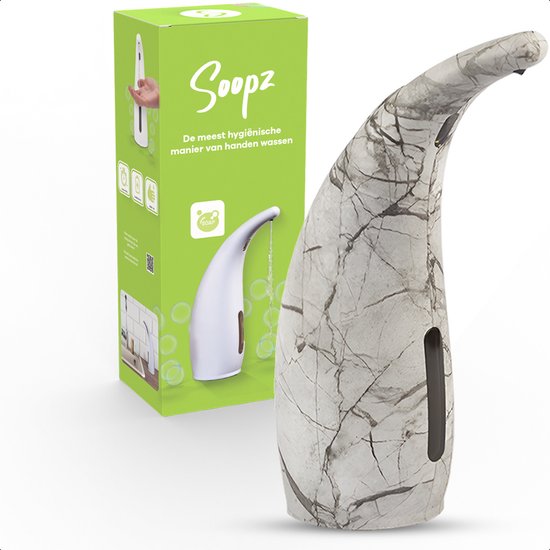 Doos van de Soopz zeepdispenser met een zeepdispenser in grijs marmeren design.
