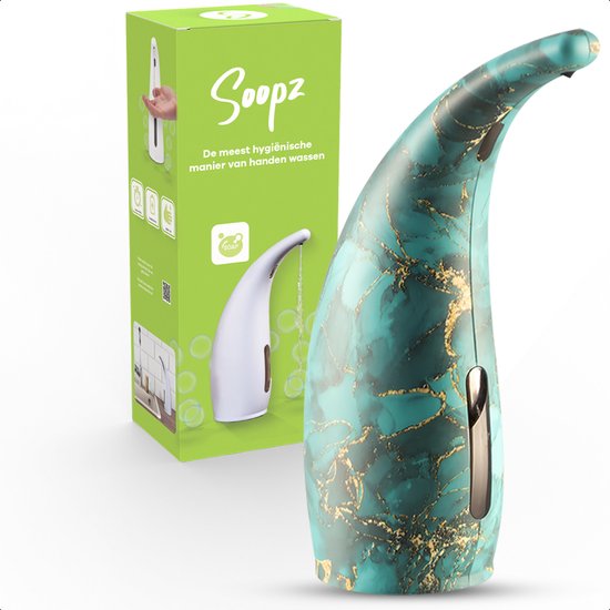 Automatische zeepdispenser met jade marmerpatroon en gouden accenten, naast de verpakking.