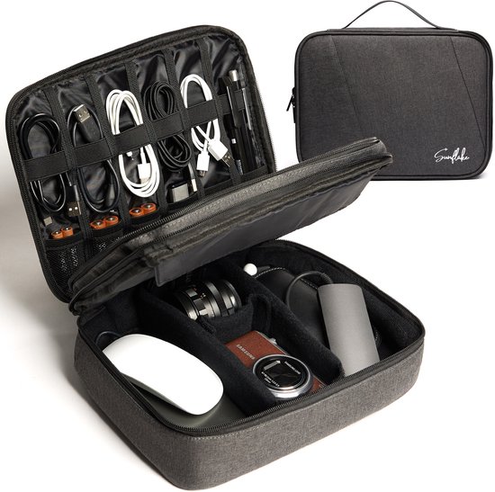 Universele Kabel Organiser Opbergtas met 5 Sunflake Kabelbinders - Dubbel Laags - Voor 10.5" iPad Pro, iPad Air, Oplader, Ereader - Kerstcadeau voor Vrouwen en Mannen - Zwart