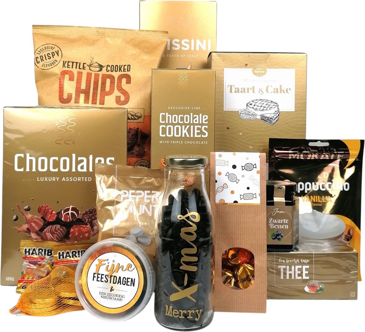 Kerstpakket | cadeaupakket | "Jij bent goud waard" | geschenkpakket | chique kerstpakket | themakleur goud | heerlijke lekkernijen