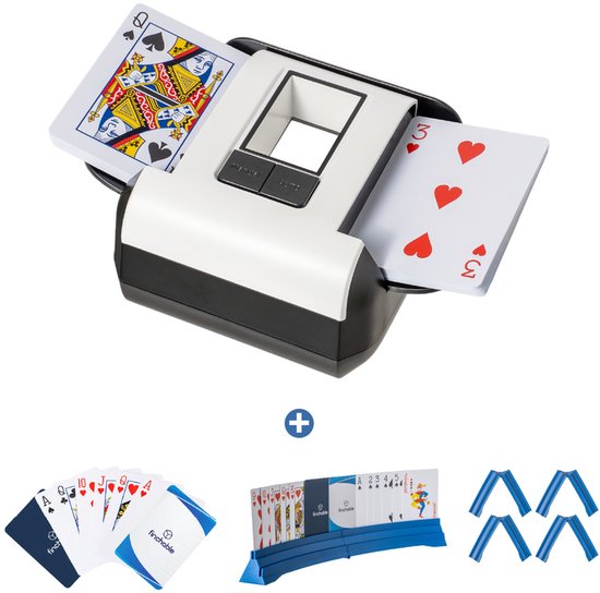 Een witte en zwarte kaartenschudmachine met speelkaarten. Inclusief 4 blauwe kaarthouders en 2 decks kaarten.