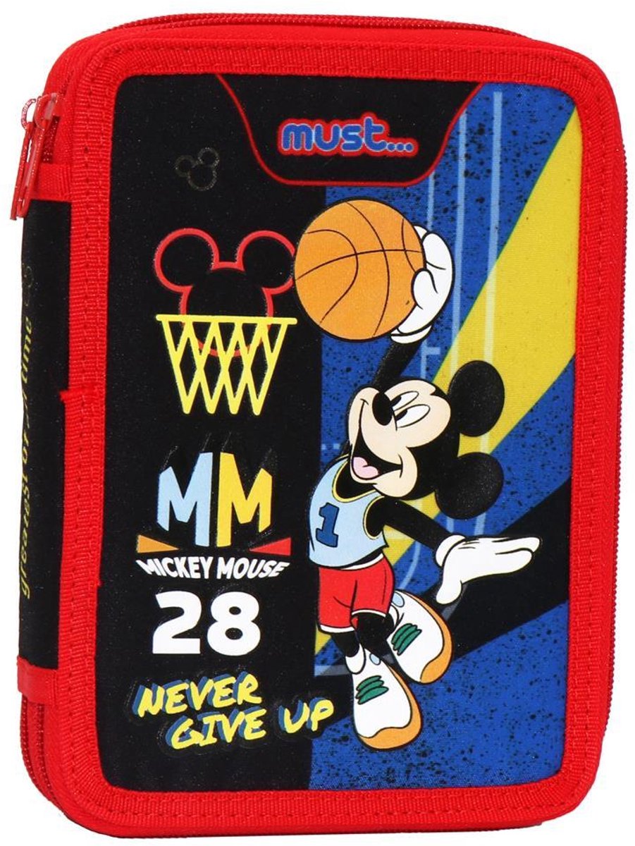 Disney Mickey Mouse Etui – Dubbelgevuld Pennenzak – 2 Ritsen – Inclusief Potloden, Stiften, Linialen & Meer – 15x21x5 cm – Polyester – Never Give Up