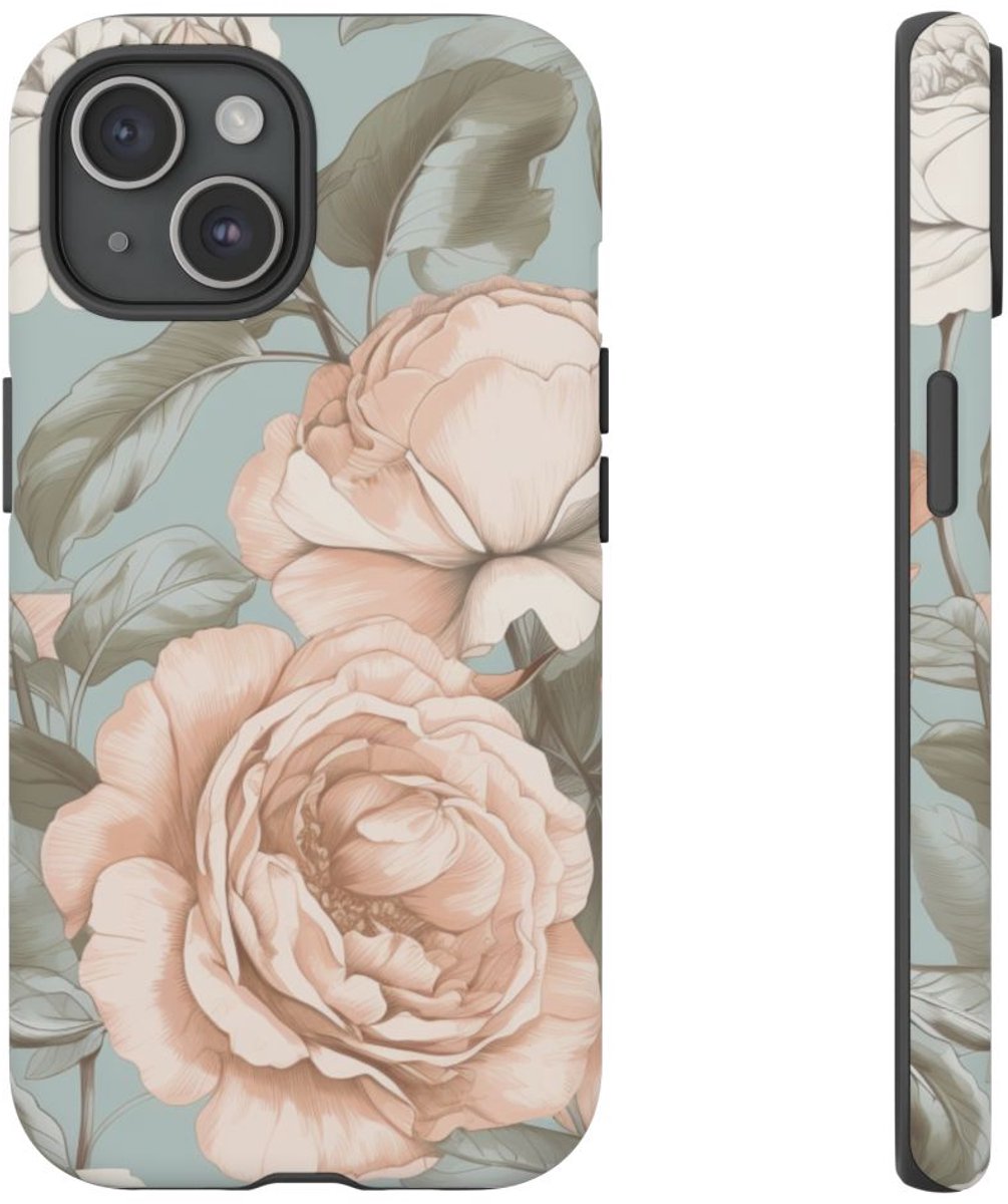Pastelrozen en Bloemmotief – Telefoonhoesje Geschikt voor iPhone 15