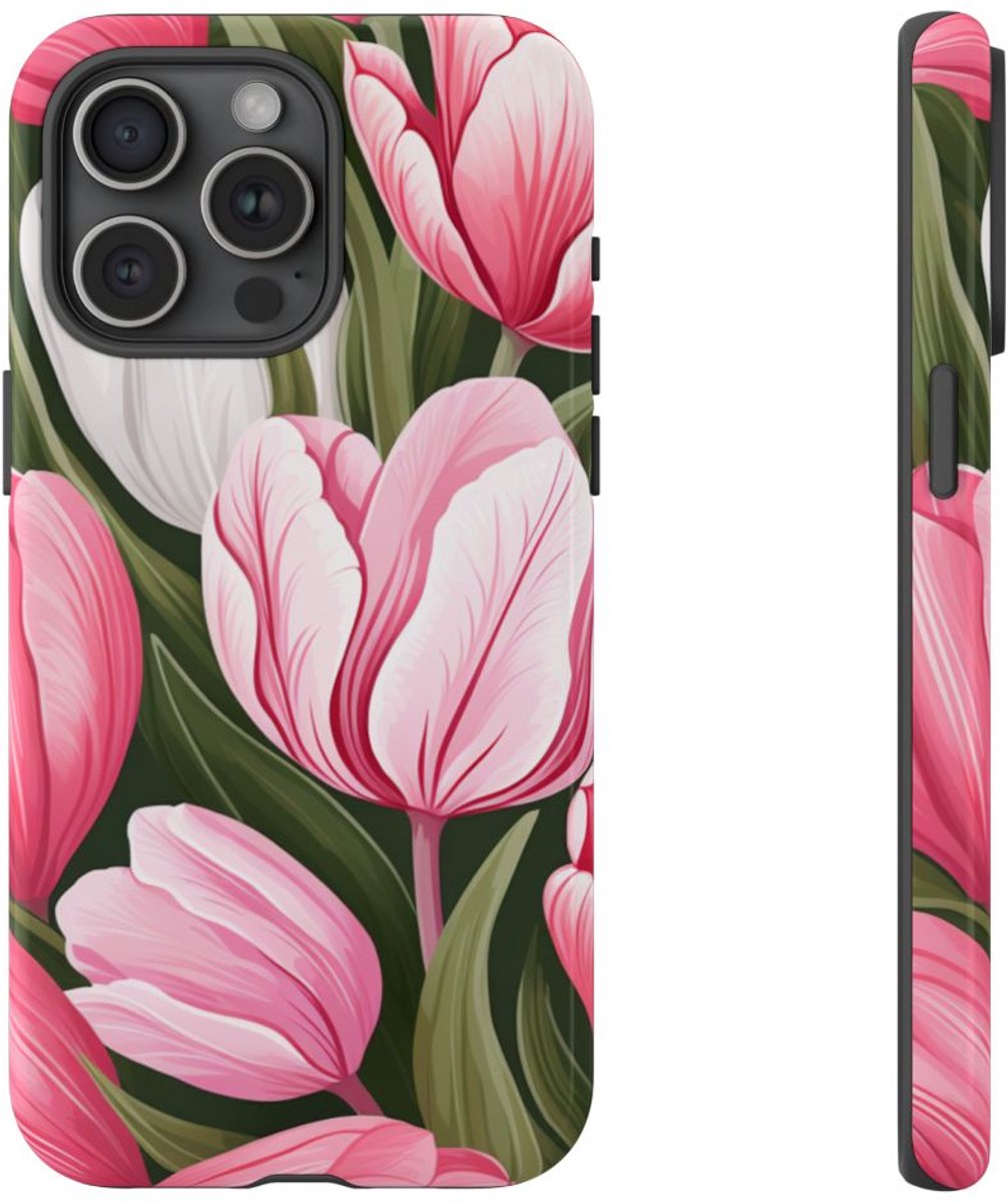 Roze en Witte Tulp Bloemenpatroon – Telefoonhoesje Geschikt voor iPhone 15 Pro Max