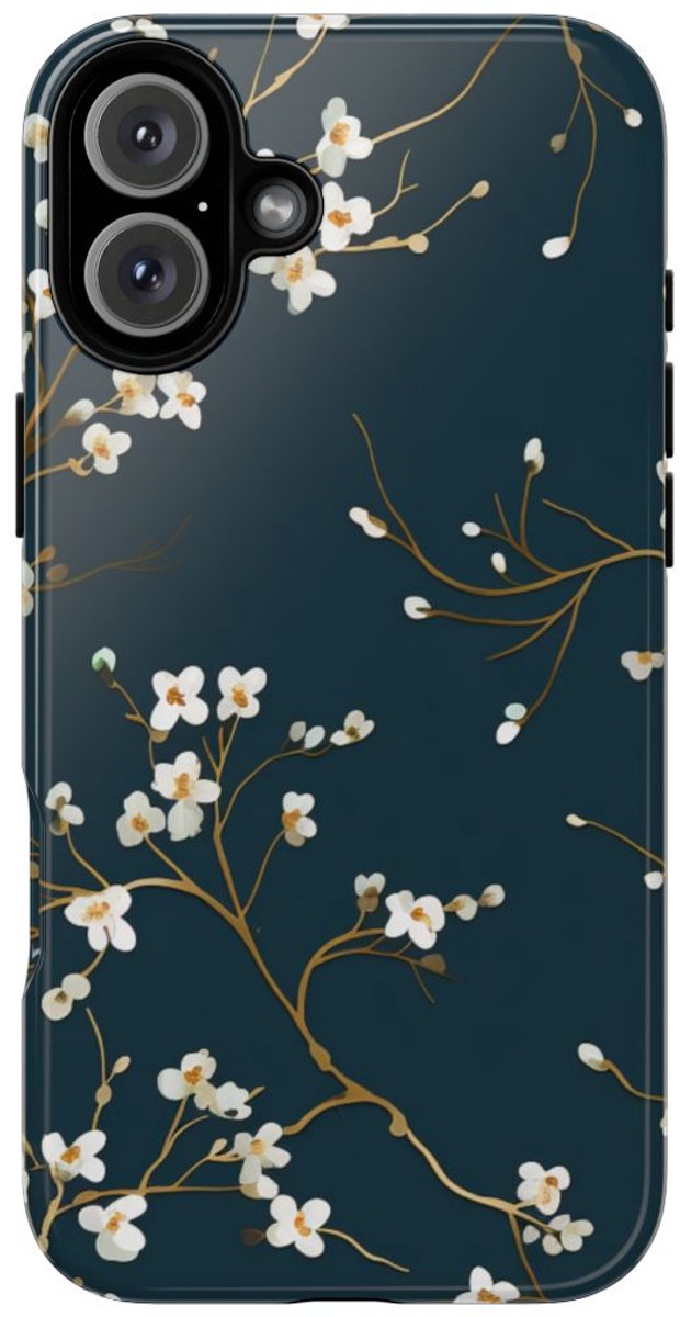 Witte Bloesemtakken op Donkerblauw – Telefoonhoesje Geschikt voor iPhone 16 Plus