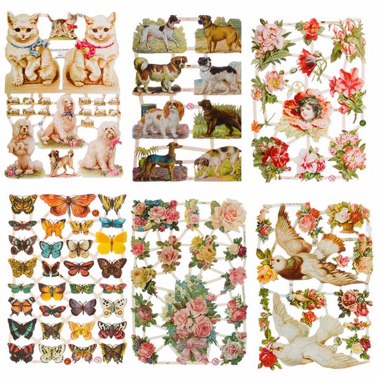 Six feuilles avec divers chiens, chats, papillons, fleurs et colombes de style vintage. Imprimé en Allemagne.