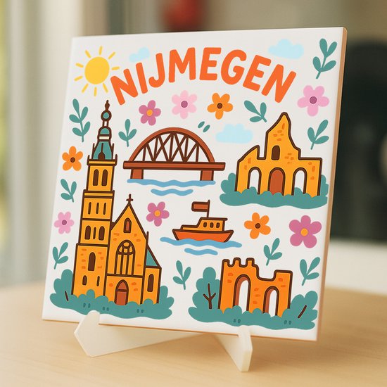 Carreau de Nimègue - 15 x 15 cm - Céramique - Souvenir décoratif - Avec support/chevalet transparent - Cadeau - Carreaux avec texte