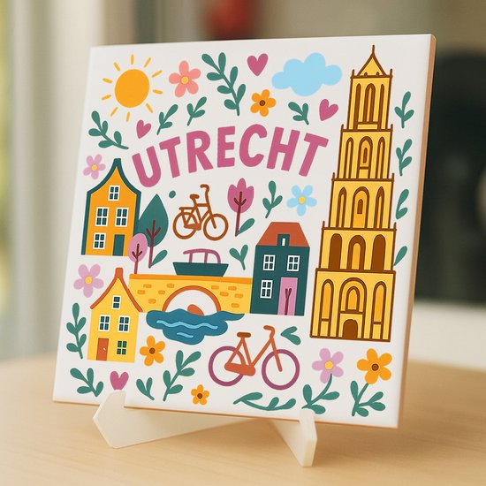 Carreau d'Utrecht - 15 x 15 cm - Céramique - Souvenir décoratif - Avec support/chevalet transparent - Cadeau - Carreaux avec texte