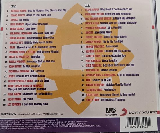 Cd-hoes met tracklijsten voor "Muziekfeest Op Het Plein Deel 10 Serie 2". Goudkleurige en gele tekst op de voorkant.