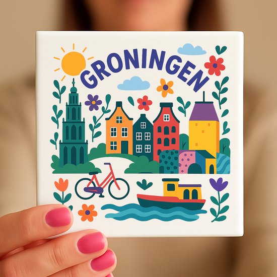 Carreau de Groningue - 15 x 15 cm - Céramique - Souvenir décoratif - Avec support/chevalet transparent - Cadeau - Carreaux avec texte