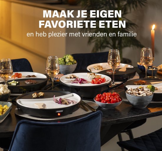 Gourmetstel in gebruik met vlees, vis en groenten, omringd door bijgerechten op een gedekte tafel.