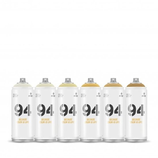Six bombes de peinture MTN94 aux teintes beiges, basse pression, finition mate, 400ml.
