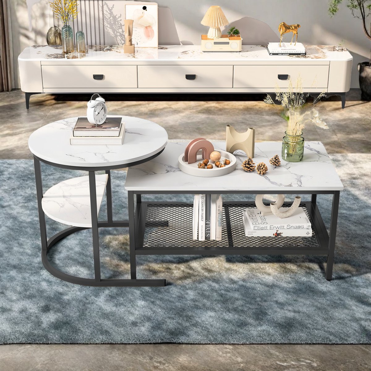 Salontafel set 2-delig – ronde en rechthoekige bijzettafel, wit blad met metalen frame