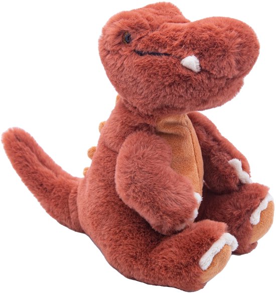 Zittende roodbruine dinosaurus knuffel met oranje buik, witte tanden en ogen.
