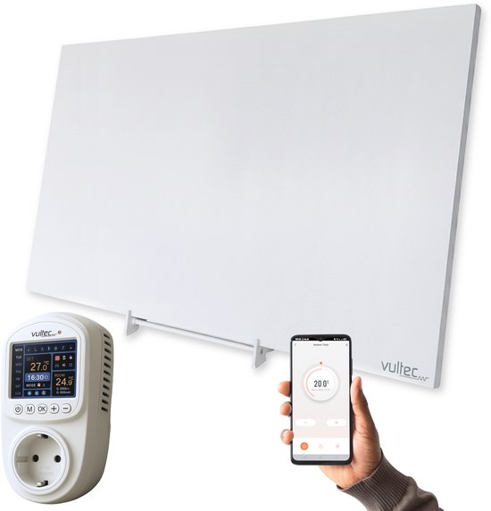 Wit infraroodpaneel met staande voet, naast een thermostaat en smartphone met "Smartlife App".