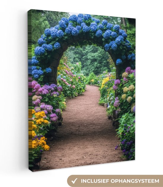 Canvas schilderij 60x80 cm - Exclusieve wanddecoratie Doorkijk - Bloemen - Hortensia - Pad - Muurdecoratie woonkamer - Slaapkamer decoratie - Kamer accessoires - Schilderijen op canvas