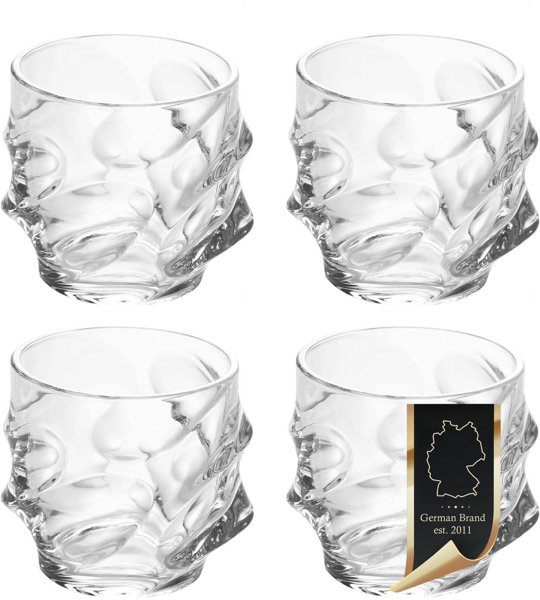 Intirilife 4x whiskyglas in CRYSTAL CLEAR 'SCULPTURED' - Old Fashioned Whiskey Crystal Glass Loodvrij in Sculpture Design vaatwasserbestendig perfect voor scotch, bourbon, whisky en nog veel meer.
