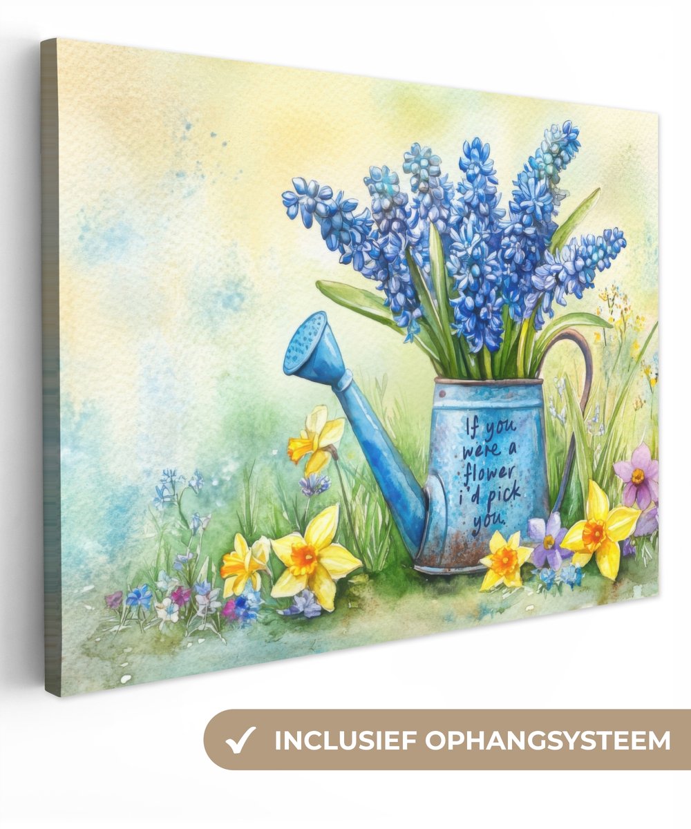 Canvas schilderij 80x60 cm - Exclusieve wanddecoratie Lavendelbloemen - Quote - Gieter - M