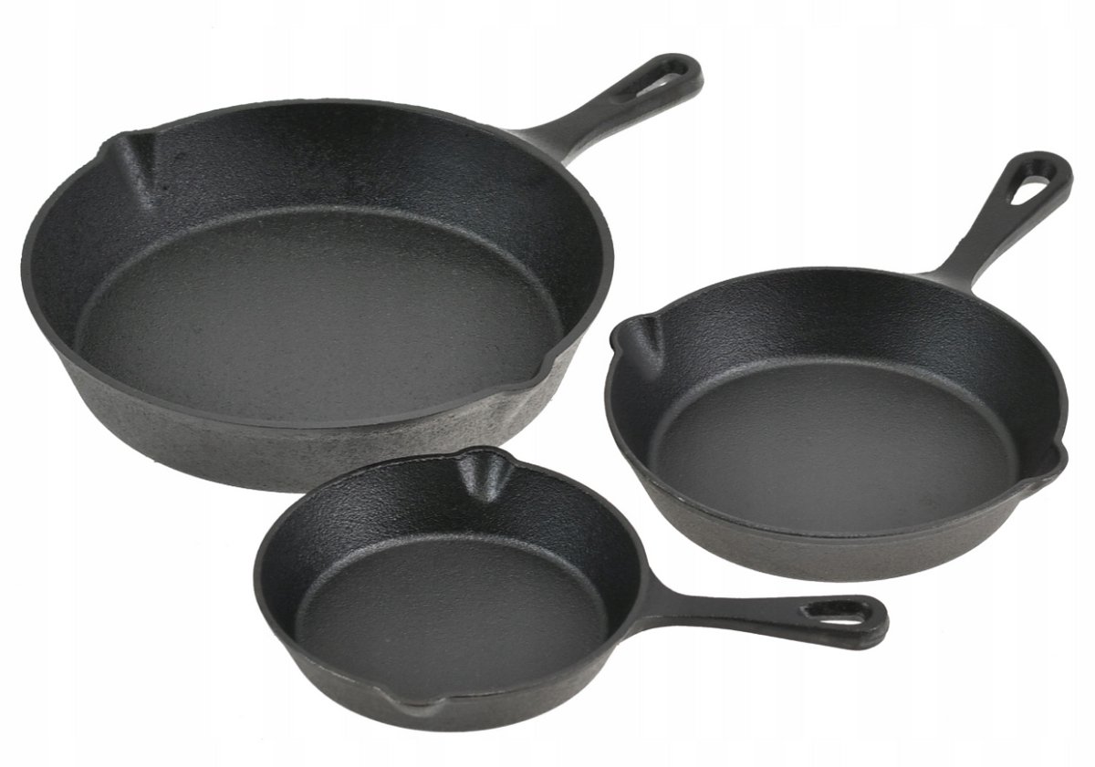 Set van 3 Gietijzeren Koekenpannen (Ø25, Ø20, Ø16 cm) – Oven • Open vuur • Inductie • Gas