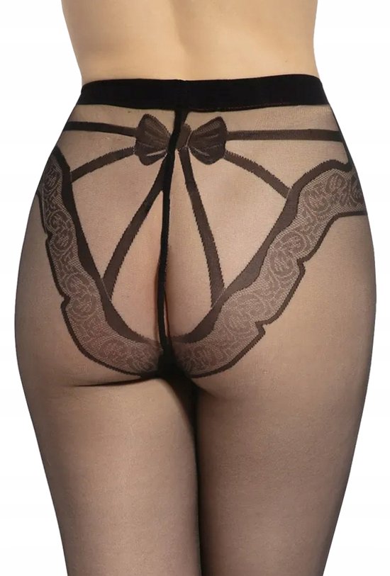 Zwarte panty met strikontwerp op de billen en kanten randen