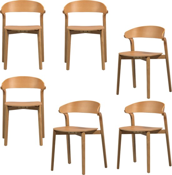 GAOCUNBING Eetkamerstoelen, massief houten eetkamerstoelen met linnen kussen en gebogen rugleuning, gestoffeerde keukenstoelen voor woonkamer, slaapkamer, restaurant, 6 stuks