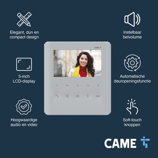 CAME Video-intercomset voor ééngezinswoningen, bestaande uit een witte PLX handsfree video-intercom met 5″ LCD-scherm, LHS V/01 buitenpost met enkele oproepknop en VAS/101-voeding, eenvoudig te installeren van Merkloos — afbeelding 3