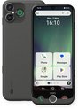Doro smartphone in donkergrijs met gestructureerde achterkant. De voorkant toont een scherm met grote iconen: Phone, Messages, Google, Play Store.