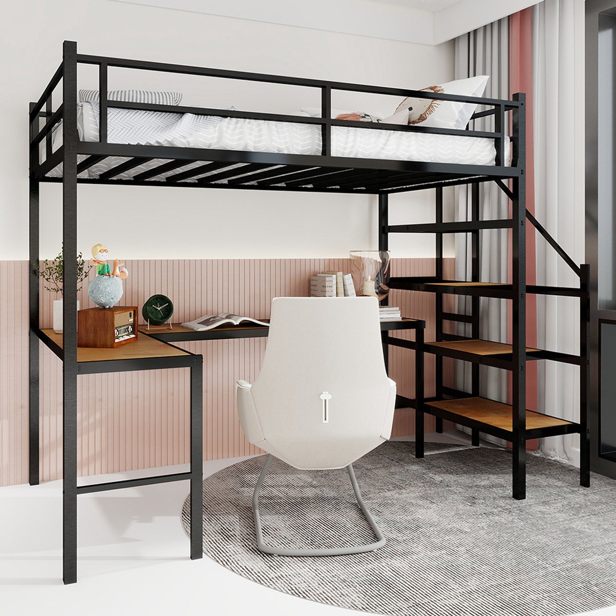 BLACKCOLORS Stapelbed met L-vormig bureau, veel opbergruimte en vakken, stabiel bedframe met trap, doorlopende veiligheidsrail, ruimtebesparend, geruisloos, geen veren nodig