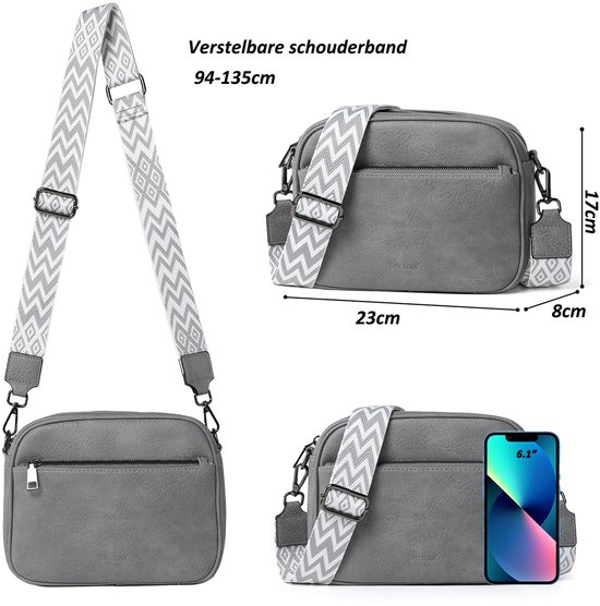 Grijze veganistische leren schoudertas met verstelbare band, afmetingen 23x17x8cm, inclusief weergave van iPhone.