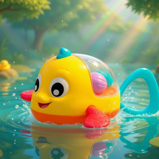 Gele badeend in de vorm van een visje met rode vinnen en blauwe staart, die in het water spartelt.