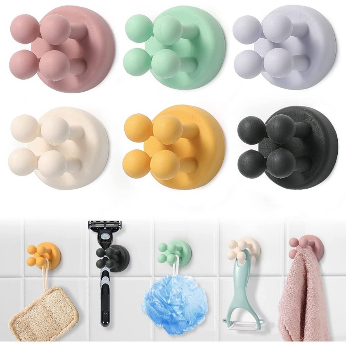 EXCITAT Siliconen klevende haken - Scheermeshouder - Tandenborstelhouder zonder boren - Handdoekhaak aan de muur - Tandenborstelhouder voor de douche - Zelfklevende multifunctionele haken - voor badkamer, keuken, kantoor - 6 stuks