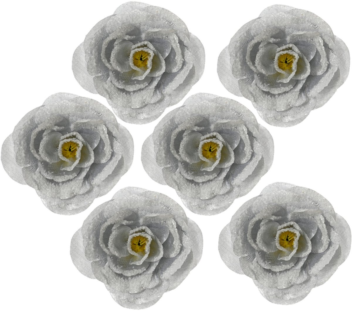 Decoris Kerstboomversiering Bloem - 6x stuks - 12 cm - zilver glitter - op clip - ornament - roos