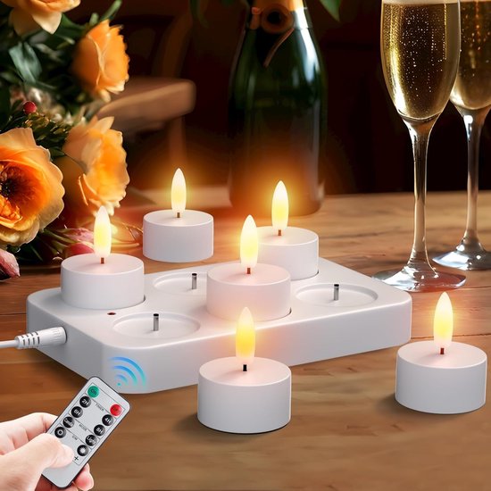 Pakket Van 6 LED-theelichtjes Met Timer, Oplaadbare Kaarsen, LED-theelichtje, Vlamloze Kaarsen, Flikkerend Kaarslicht, Nachtlampje, Elektrische Theelichtjes, Jeugdwijdingslantaarn, Tafellamp, Levend [Energieklasse D]