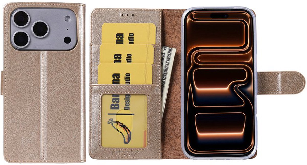 Hoesje Geschikt voor iPhone 17 Pro Max – Arara bookcase met pasjeshouder - Goud
