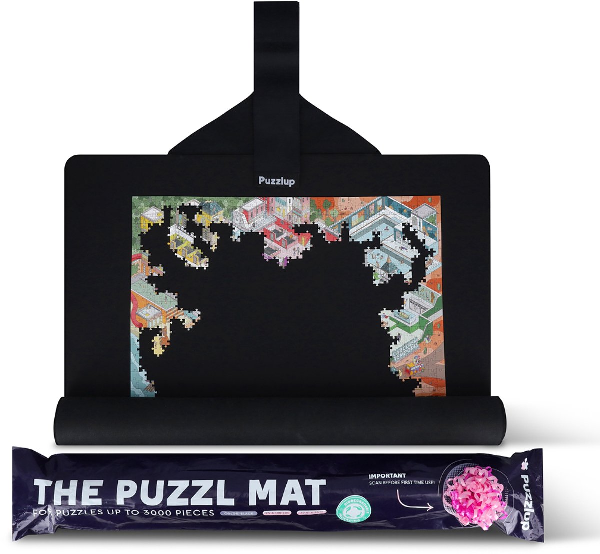 Puzzlup 3000 Puzzelmat - XXL formaat - Neopreen - Zelfsluitend en Antislip - Portapuzzle met zwarte ECO-verpakking! Tot en met 3000 stukjes 95 x 150 cm