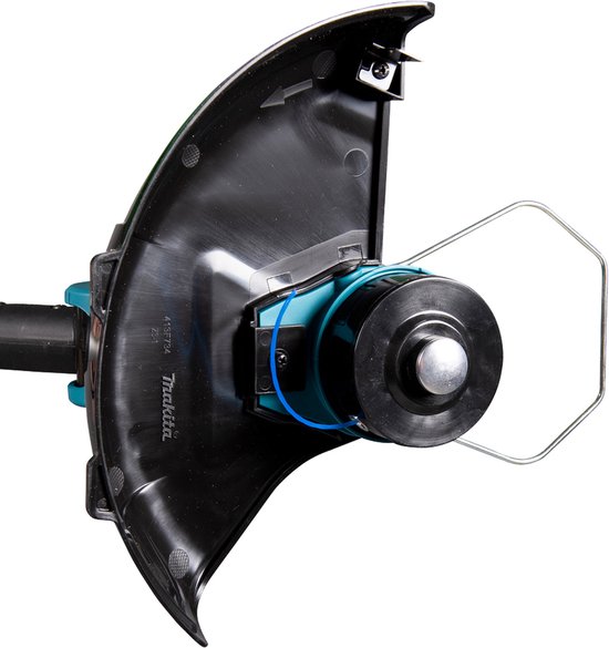 Close-up van de snijkop van een turquoise en zwarte Makita grastrimmer.