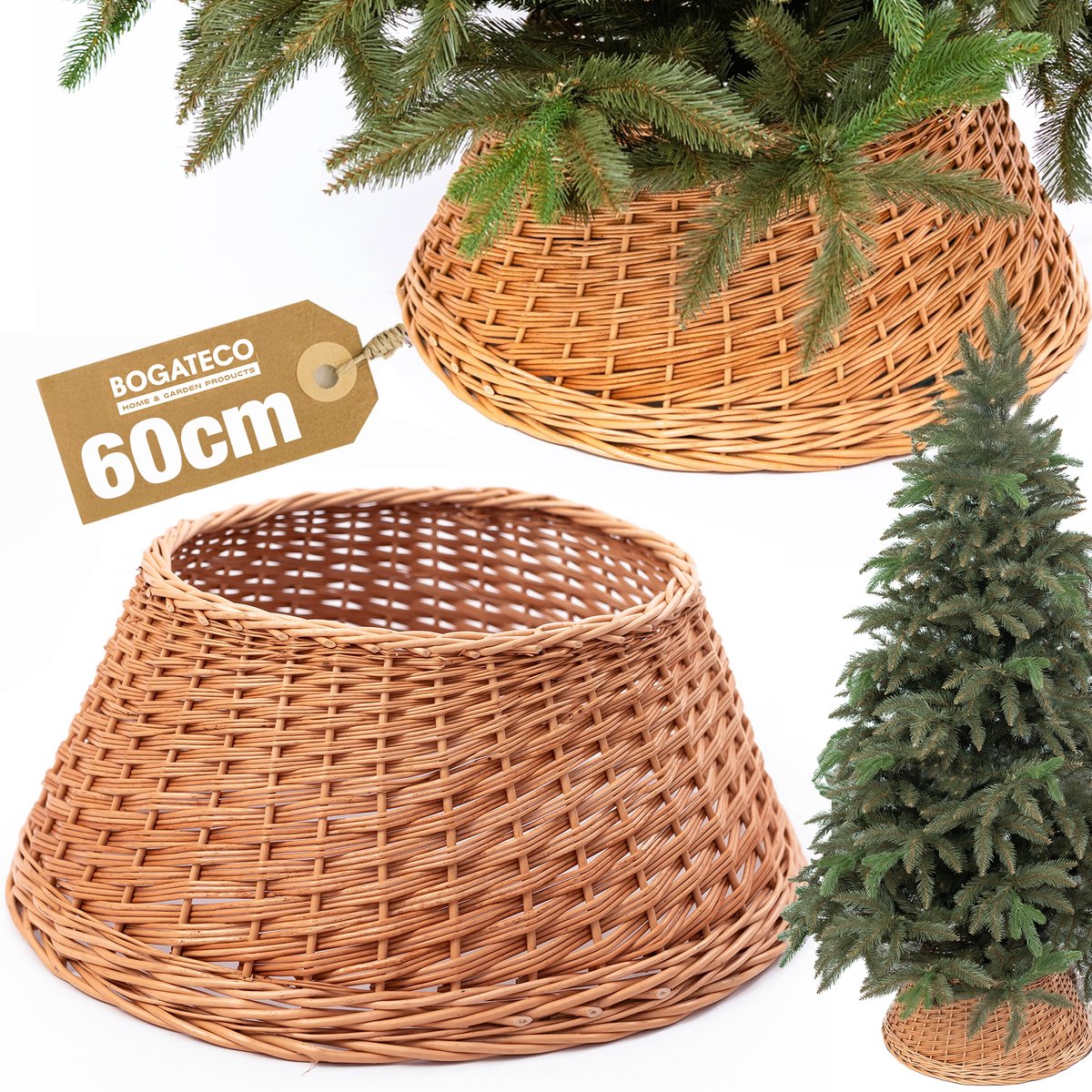 BOGATECO rieten mand voor de kerstboom 60cm diameter | Kerstboomrok van wilgenhout | Kerstboommand | Naturelkleurige kerstboomstandaard van wilgenhout | Handgemaakt | Natuurlijk