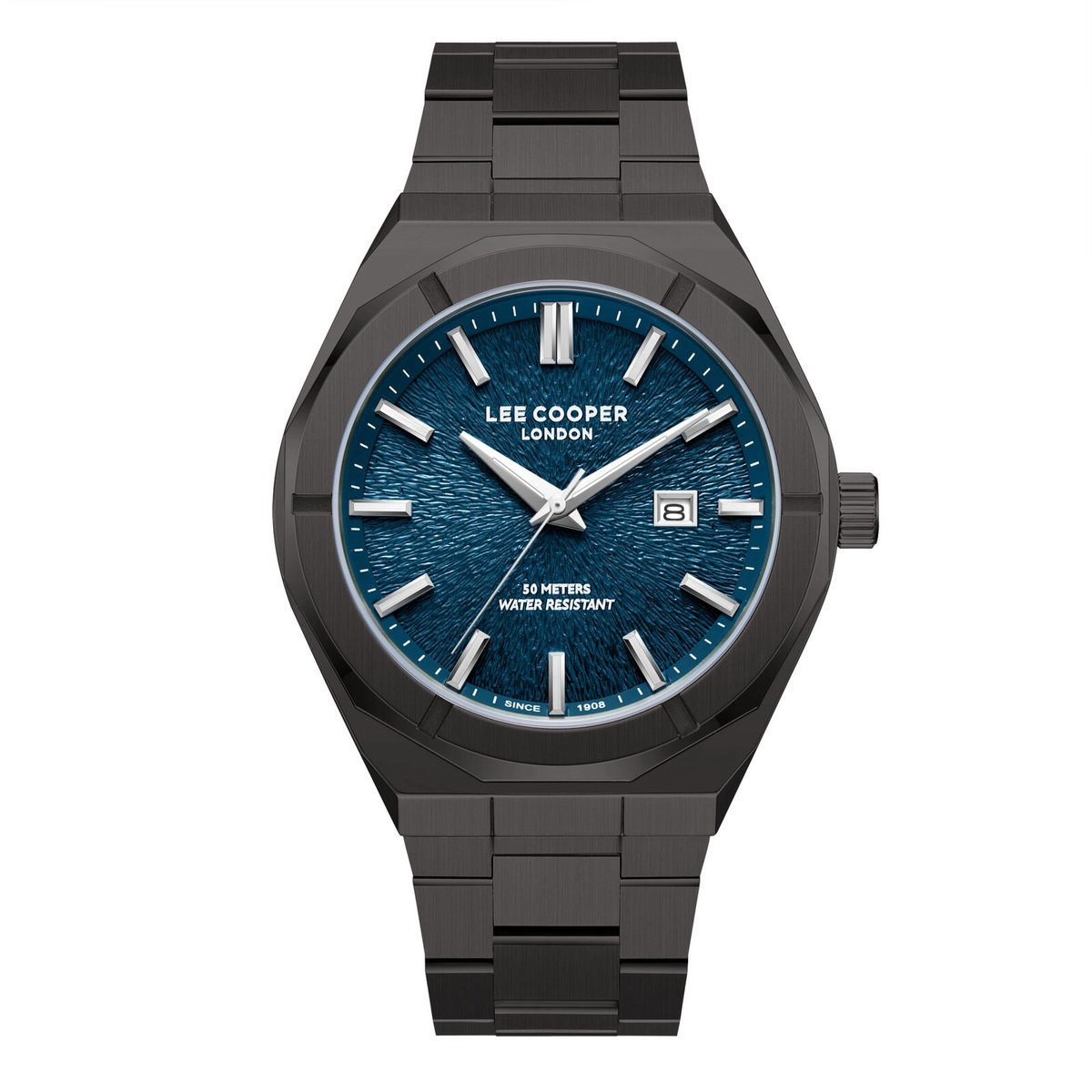 Lee Cooper LC08234.090 - Horloge - Polshorloge - Analoog - Heren - Mannen - Stalen band - Metaal - Rond - Afgeronde vierkant - Strepen - Datumaanduiding - Briljant - Zwart - Grijs - Zilverkleurig - Turkoois - Wit