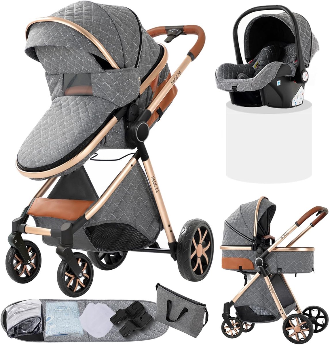 Image of 3-in-1 Kinderwagen voor Pasgeborenen met Omkeerbare Duwmodus en Opvouwbaar Ontwerp
