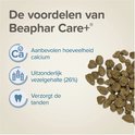 Voordelen van Beaphar Care+ met pictogrammen voor calcium, vezels en tandverzorging, en brokjes.