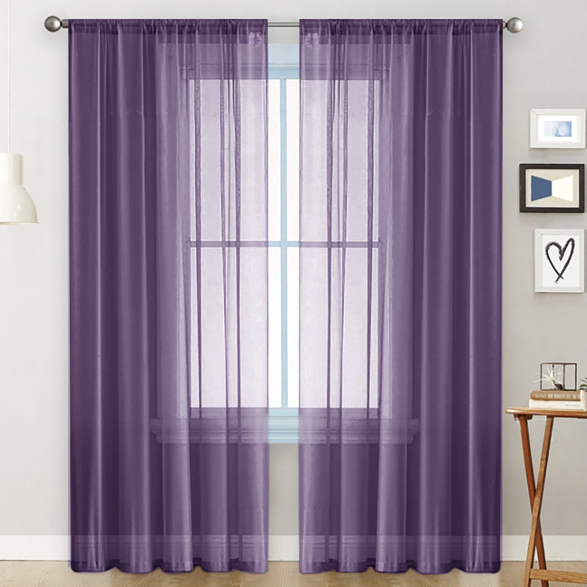Set van 2 semi-transparante ringgordijnen voor slaapkamer, woonkamer, huis, 140 x 260 cm,Donkerpaars