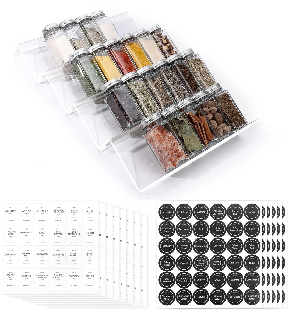 Ibenzoa® Complete kruidenorganizer set met glazen potjes en etiketten voor keukenopslag