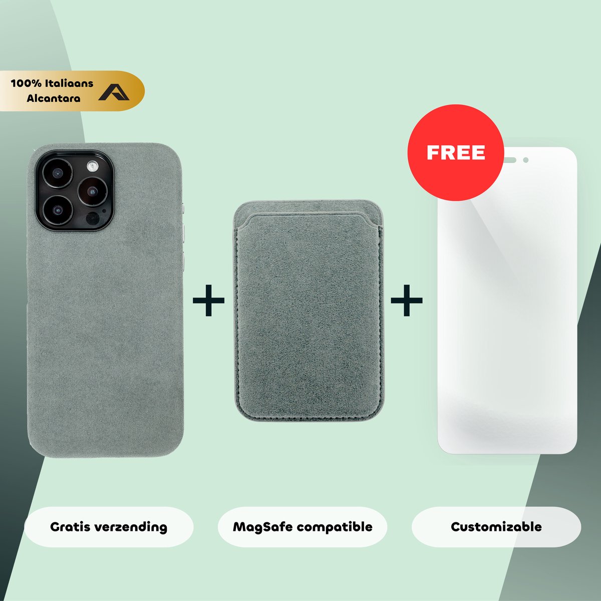iPhone 14 Pro Max – Alcantara Case + MagSafe Wallet + Gratis Screenprotector | Nardo Grey