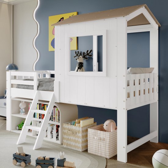 Lit enfant, lit mi-hauteur, lit cabane avec toit et fenêtre, enceinte à quatre côtés, avec petit escalier, espace de rangement libre sous le lit, pin + MDF + contreplaqué, blanc + naturel, 90 x 200 cm