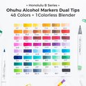 Color swatch van 48 Ohuhu Honolulu B alcohol markers met kleurnamen en nummers. Inclusief gele, oranje, rode, paarse, blauwe en groene tinten.