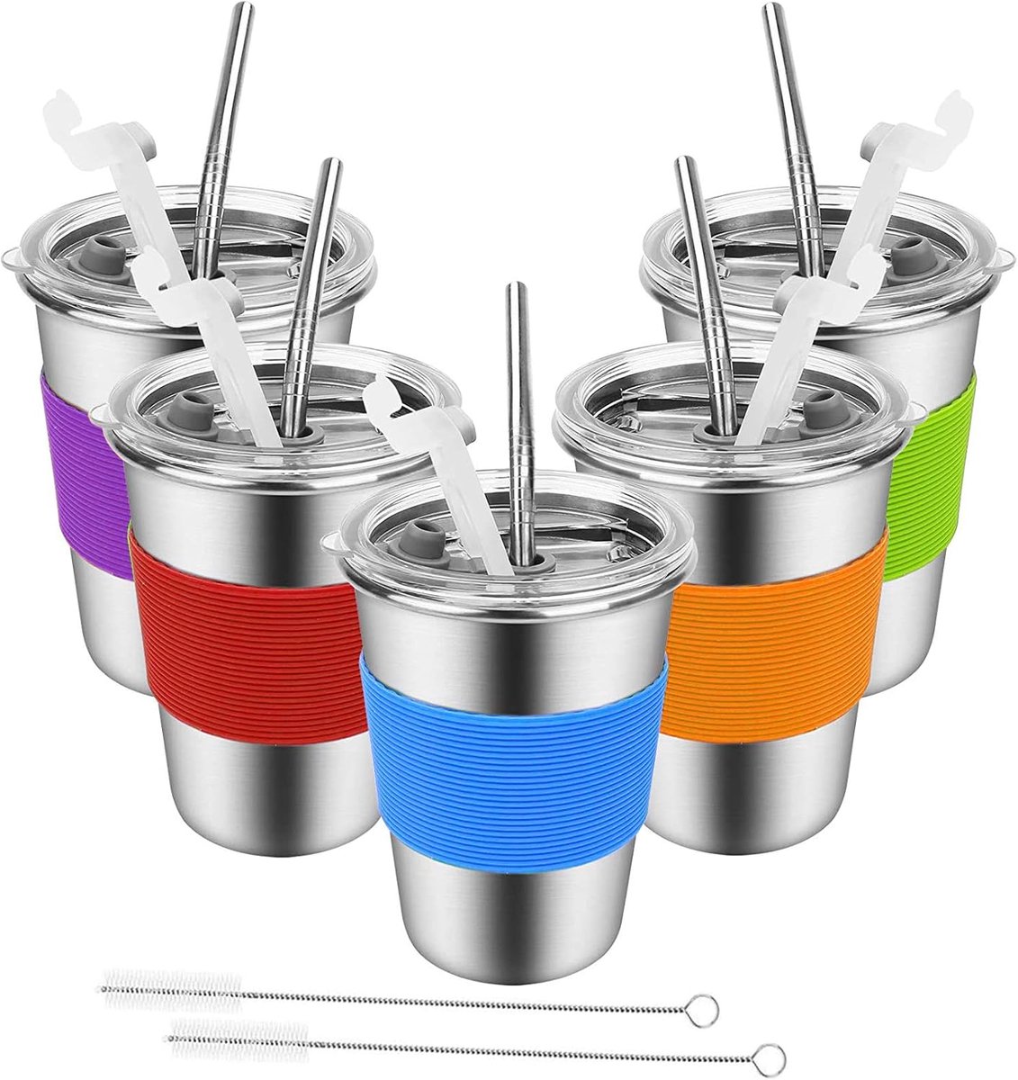 Cuhostki 5pcs Stainless Steel Cup Set - 5 Colors, Plastic Lid + Straw, Leak-Proof