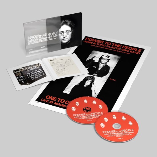 Deluxe editie van "Power To The People" met 2 cd's, een boekje, een poster met John Lennon en Yoko Ono, en een dossier met manuscripten.